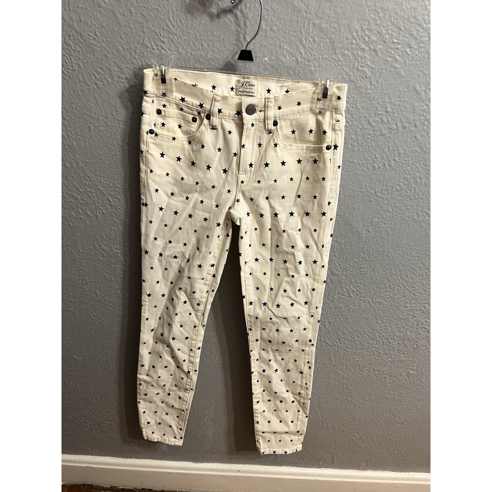 J Crew mid rise toothpick‎ skinny jeans Womens Off White Blue Stars 24